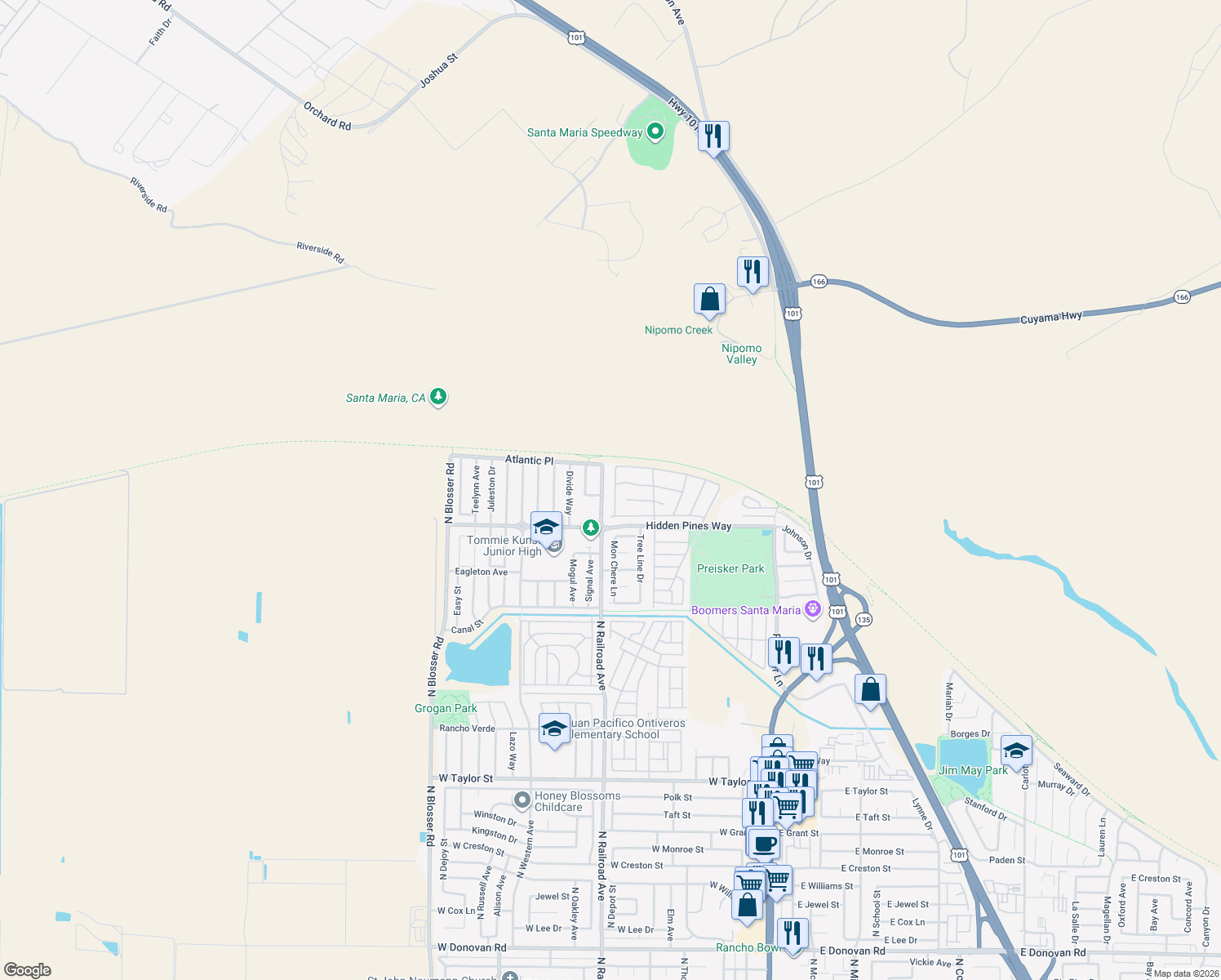 map of restaurants, bars, coffee shops, grocery stores, and more near 2443 Acacia Street in Santa Maria