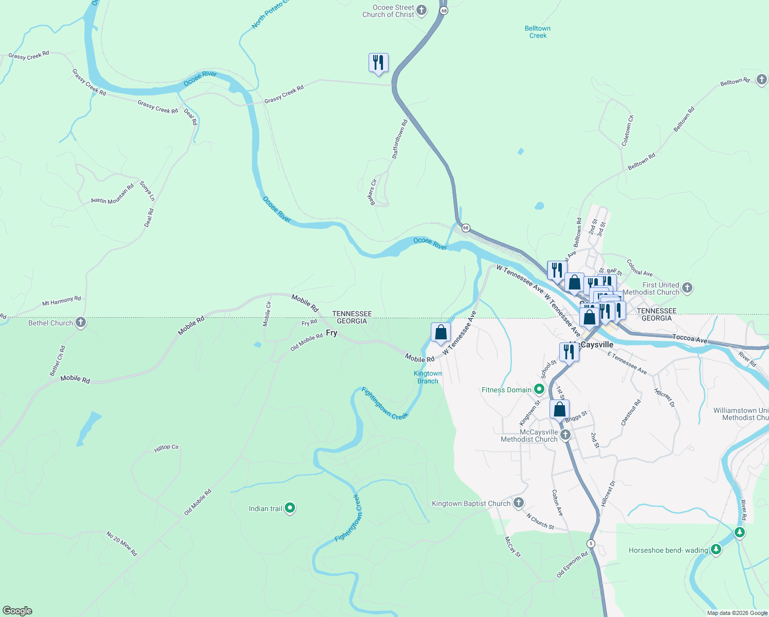map of restaurants, bars, coffee shops, grocery stores, and more near 170 Old River Camp Road in Copperhill