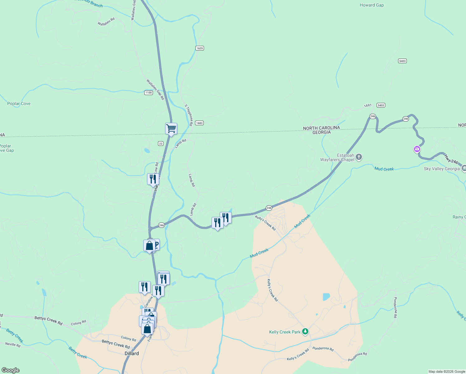 map of restaurants, bars, coffee shops, grocery stores, and more near 462 Chalet Village Drive in Dillard