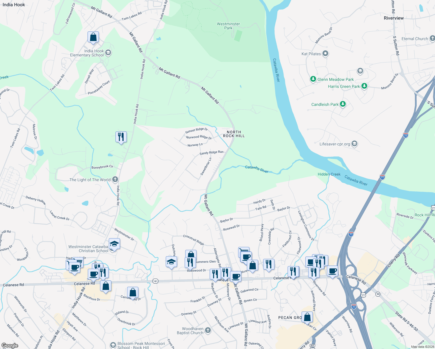map of restaurants, bars, coffee shops, grocery stores, and more near 2358 Mount Gallant Road in Rock Hill