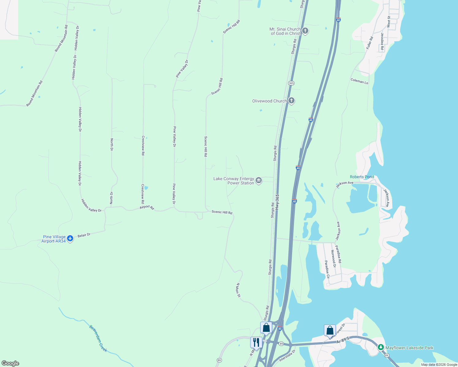 map of restaurants, bars, coffee shops, grocery stores, and more near 18 Pine Mountain Drive in Conway