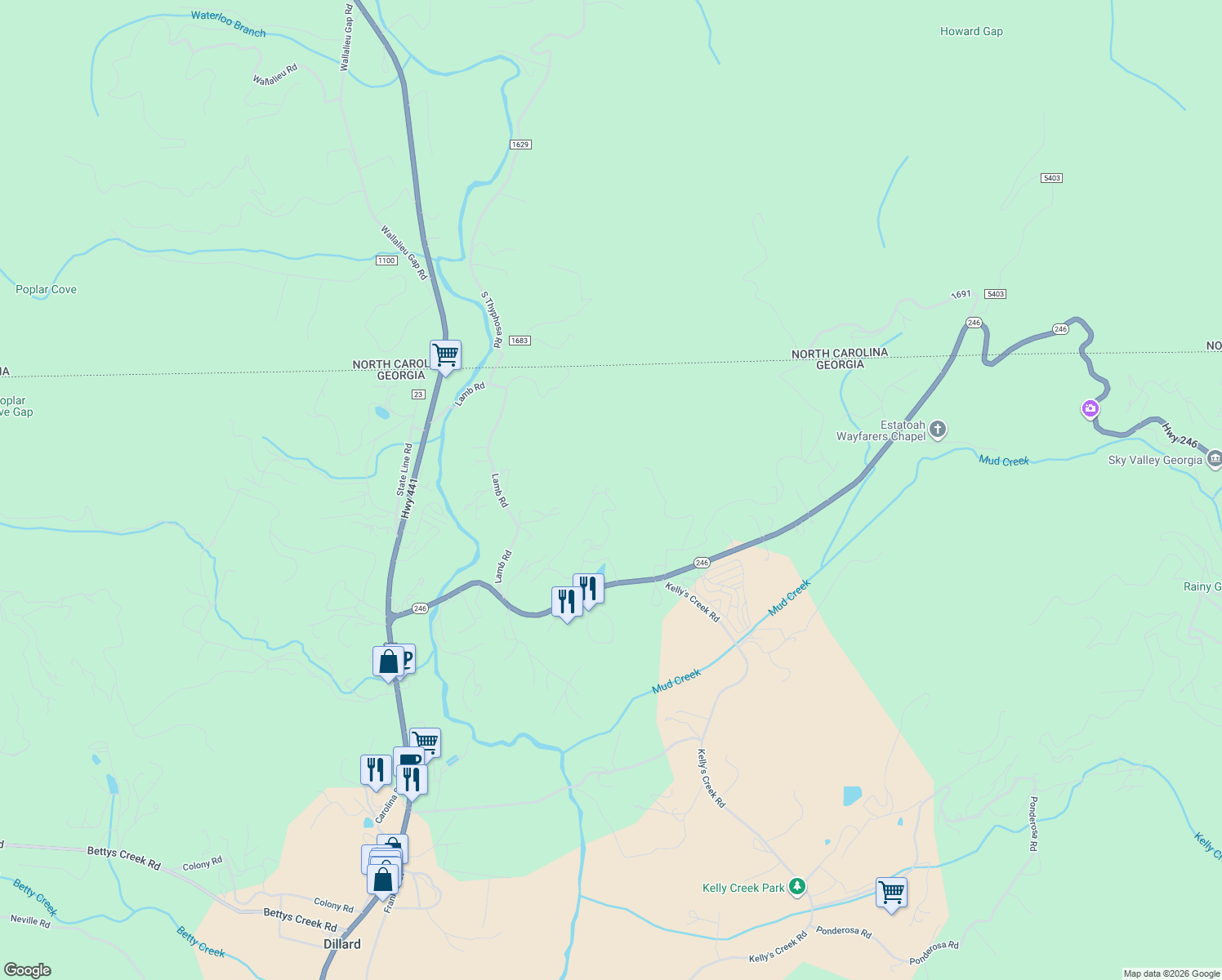 map of restaurants, bars, coffee shops, grocery stores, and more near 462 Chalet Village Drive in Dillard