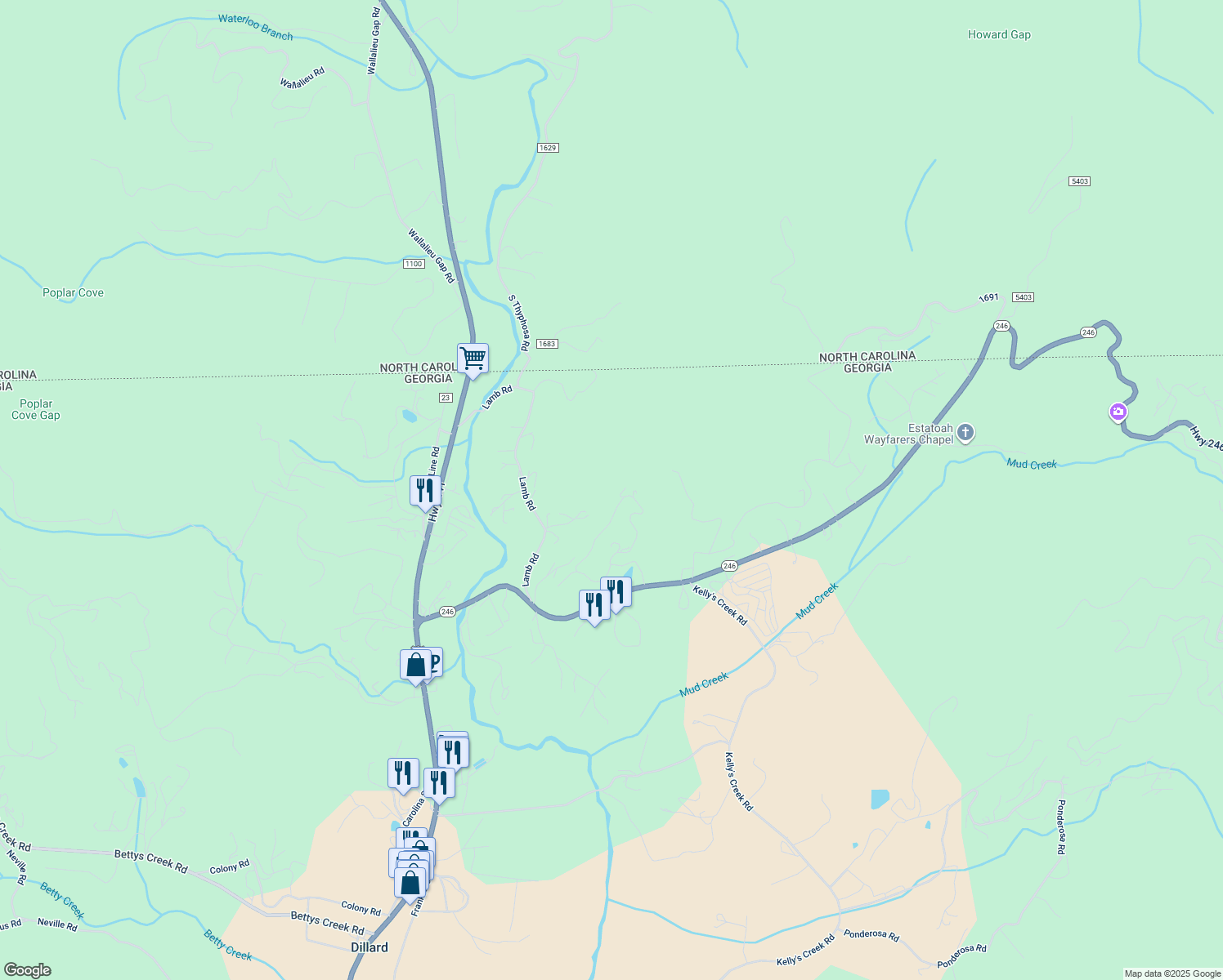 map of restaurants, bars, coffee shops, grocery stores, and more near 697 Chalet Village Lane in Dillard