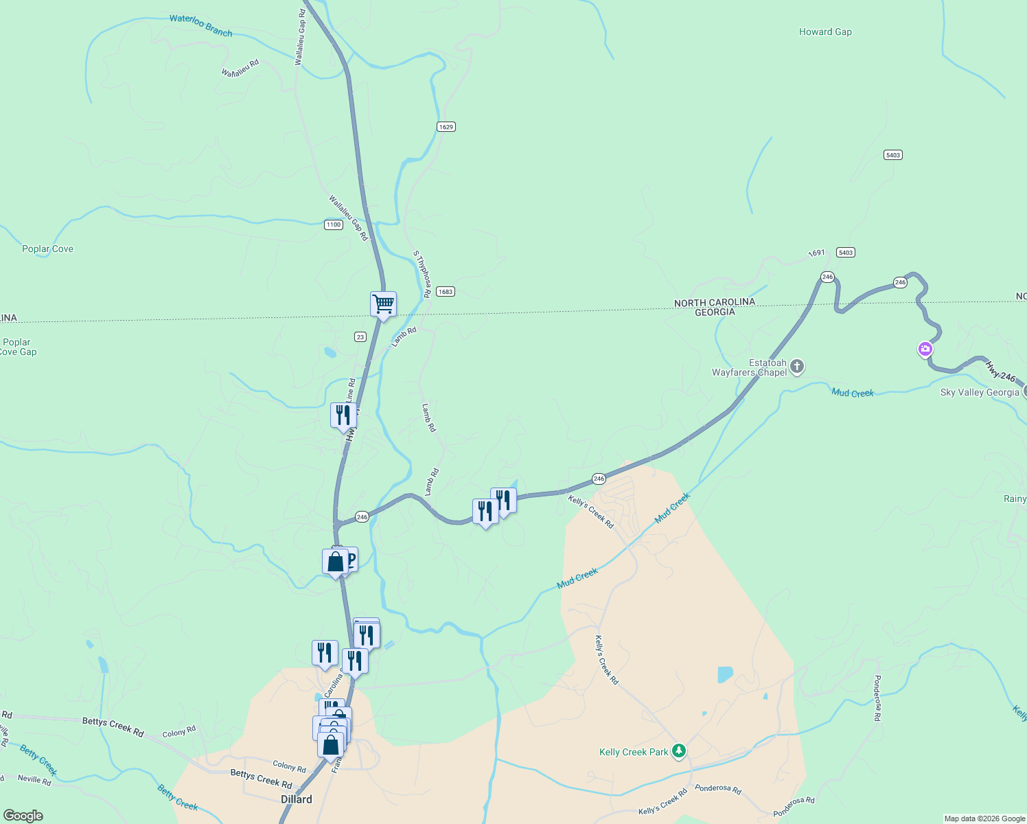 map of restaurants, bars, coffee shops, grocery stores, and more near 490 Chalet Village Lane in Dillard