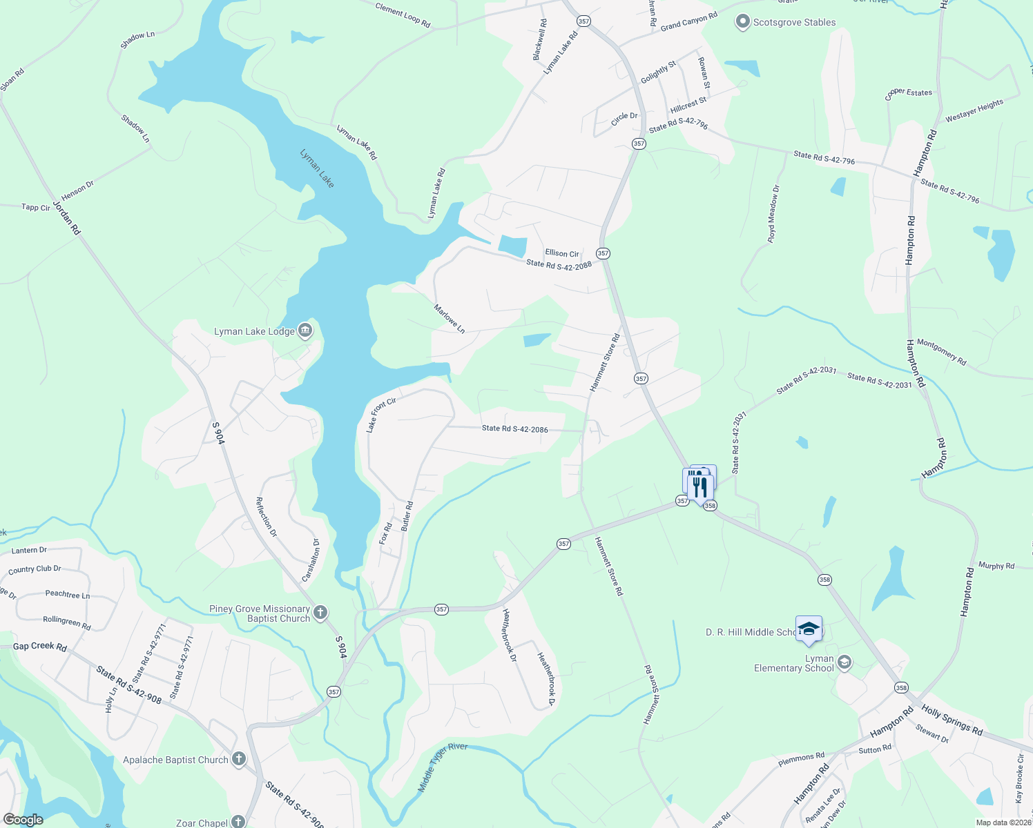 map of restaurants, bars, coffee shops, grocery stores, and more near 102 Butler Road in Lyman