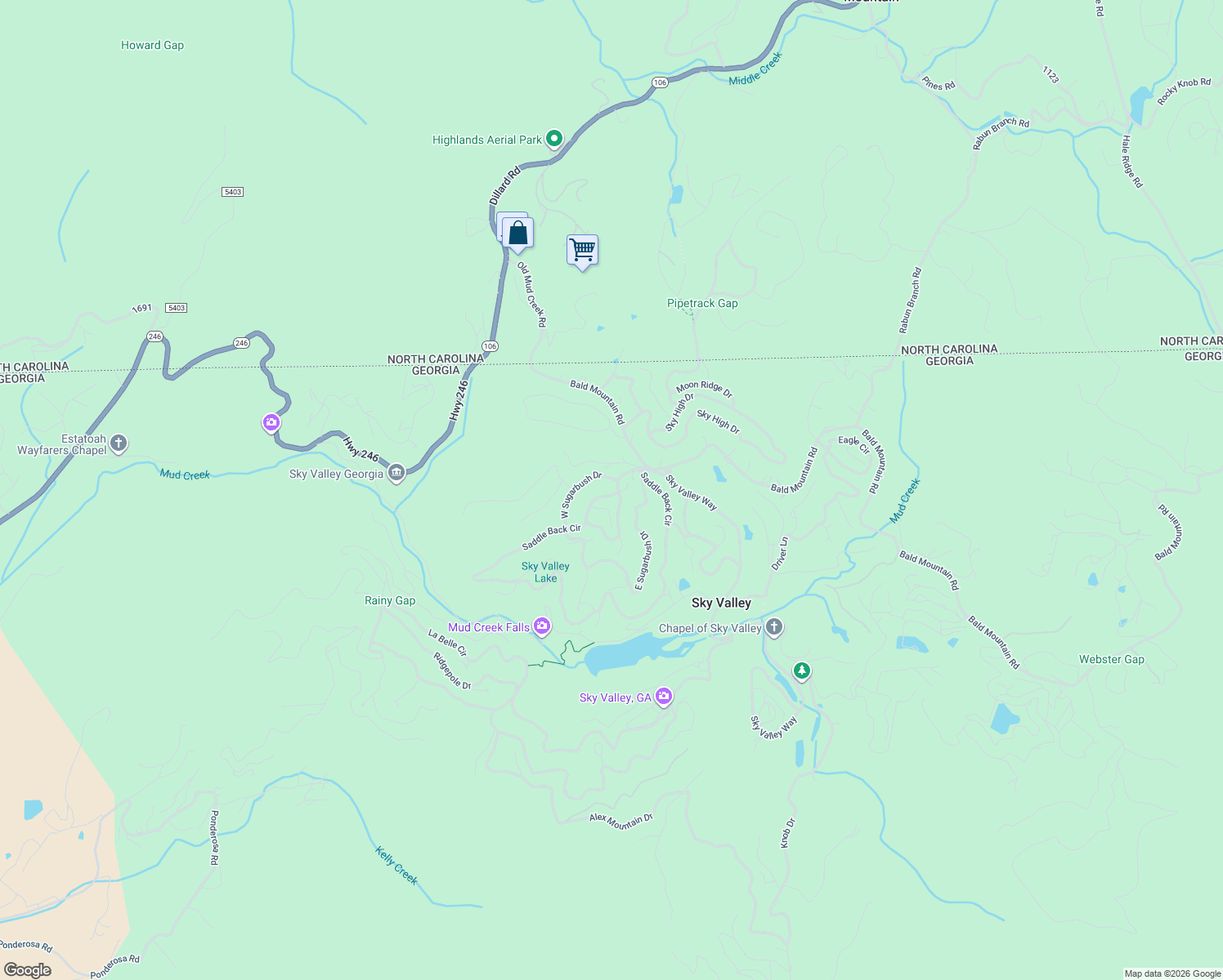 map of restaurants, bars, coffee shops, grocery stores, and more near 2 Chestatee Lane in Dillard