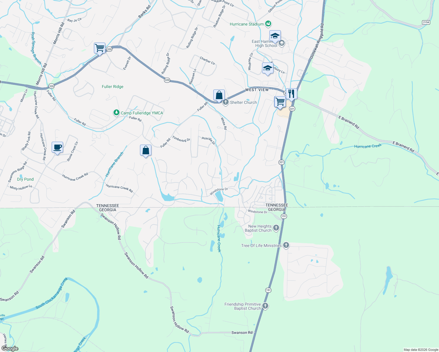 map of restaurants, bars, coffee shops, grocery stores, and more near 9505 Lazy Circles Dr in Ooltewah