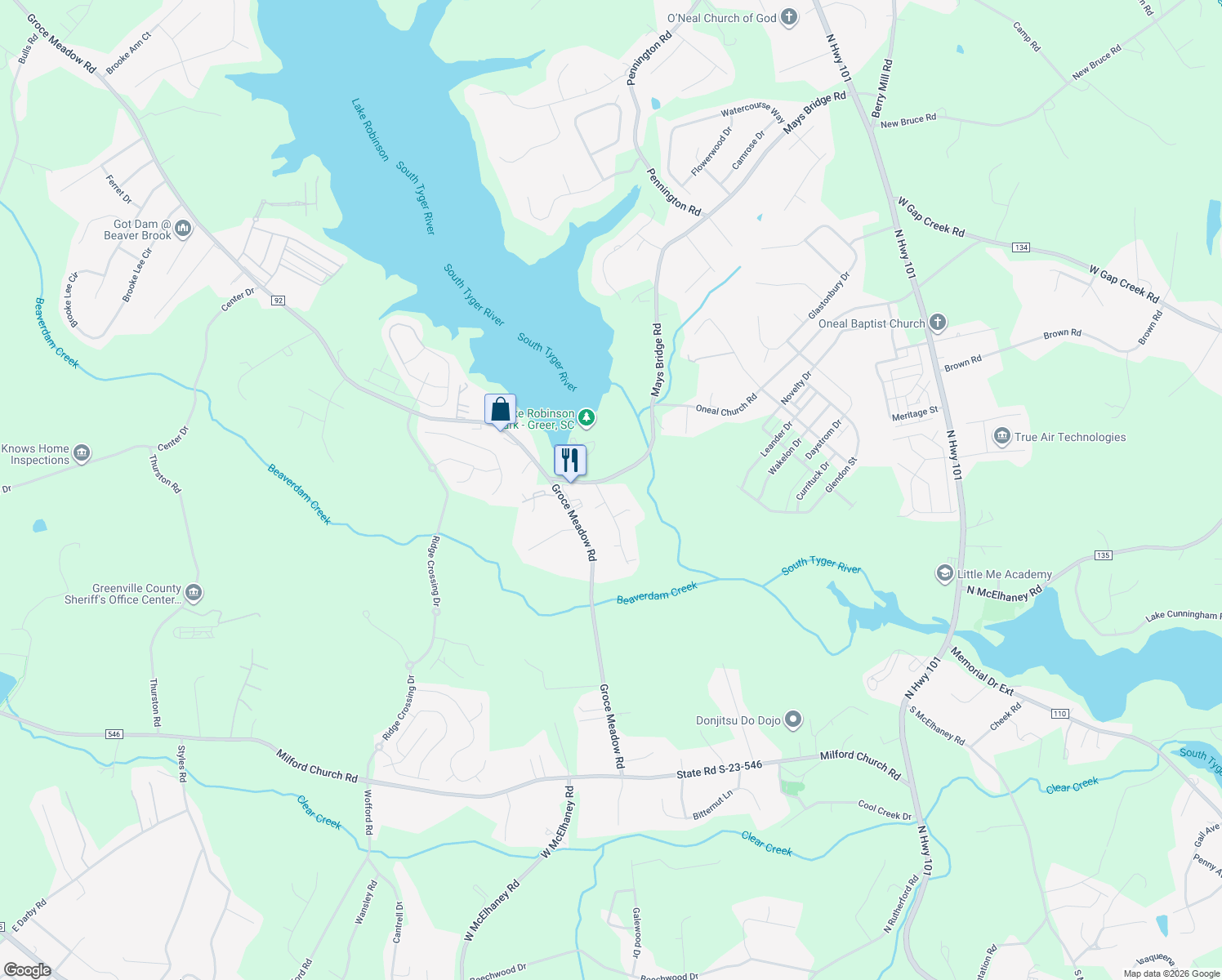 map of restaurants, bars, coffee shops, grocery stores, and more near 2509 Mays Bridge Road in Greer