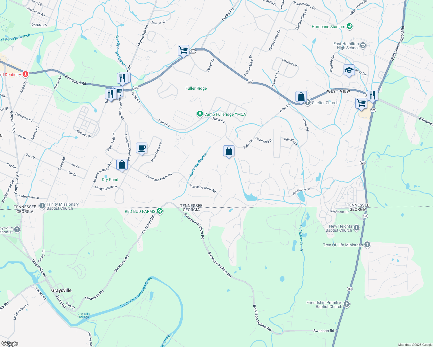 map of restaurants, bars, coffee shops, grocery stores, and more near 827 Windy Hill Drive in Chattanooga