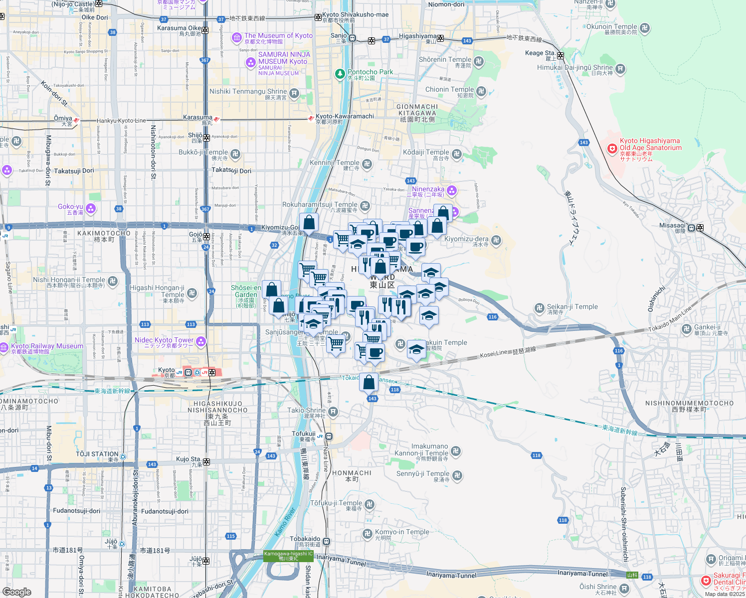map of restaurants, bars, coffee shops, grocery stores, and more near in Kyoto