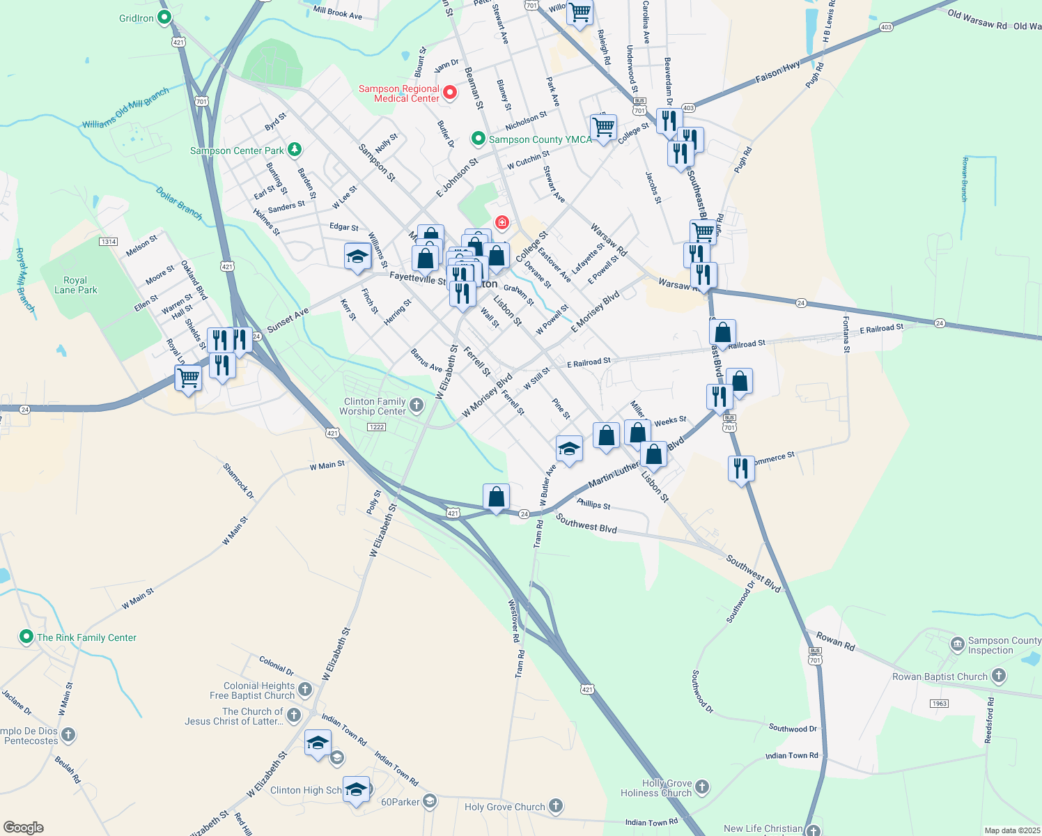 map of restaurants, bars, coffee shops, grocery stores, and more near 600 Ferrell Street in Clinton