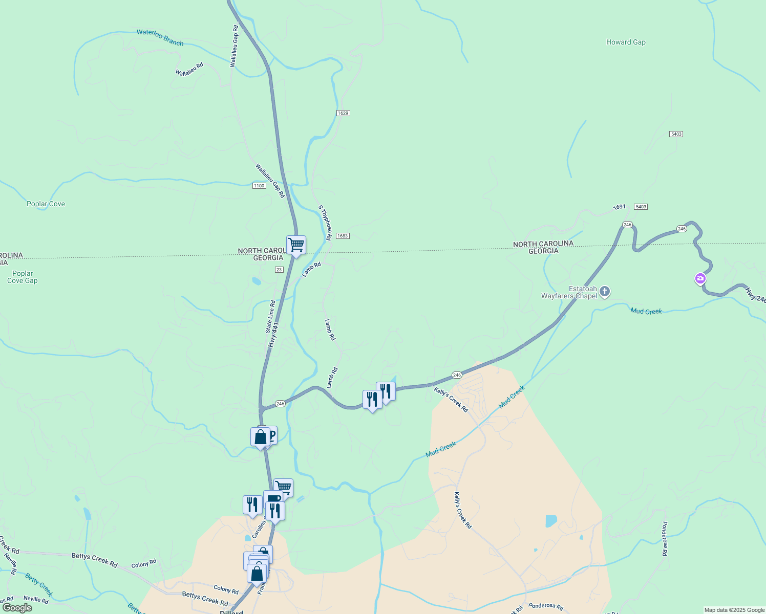 map of restaurants, bars, coffee shops, grocery stores, and more near 697 Chalet Village Lane in Dillard
