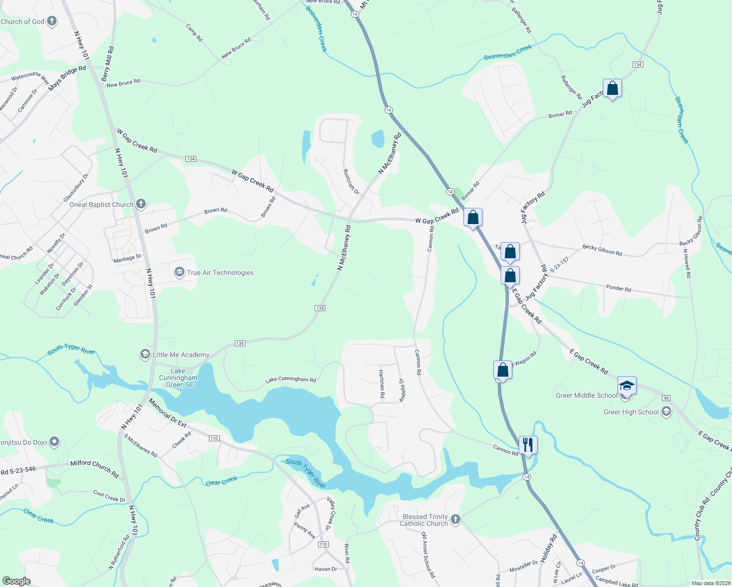 map of restaurants, bars, coffee shops, grocery stores, and more near 712 Greene Drive in Greer