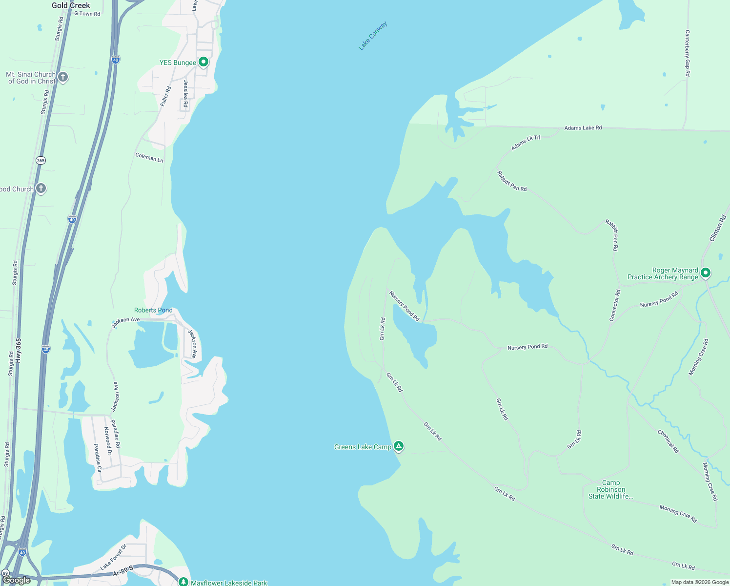 map of restaurants, bars, coffee shops, grocery stores, and more near 59 Crappie Lane in Conway