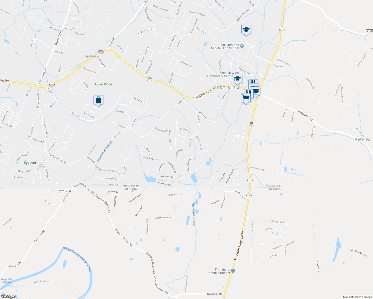 map of restaurants, bars, coffee shops, grocery stores, and more near 9461 Lazy Circles Dr in Ooltewah