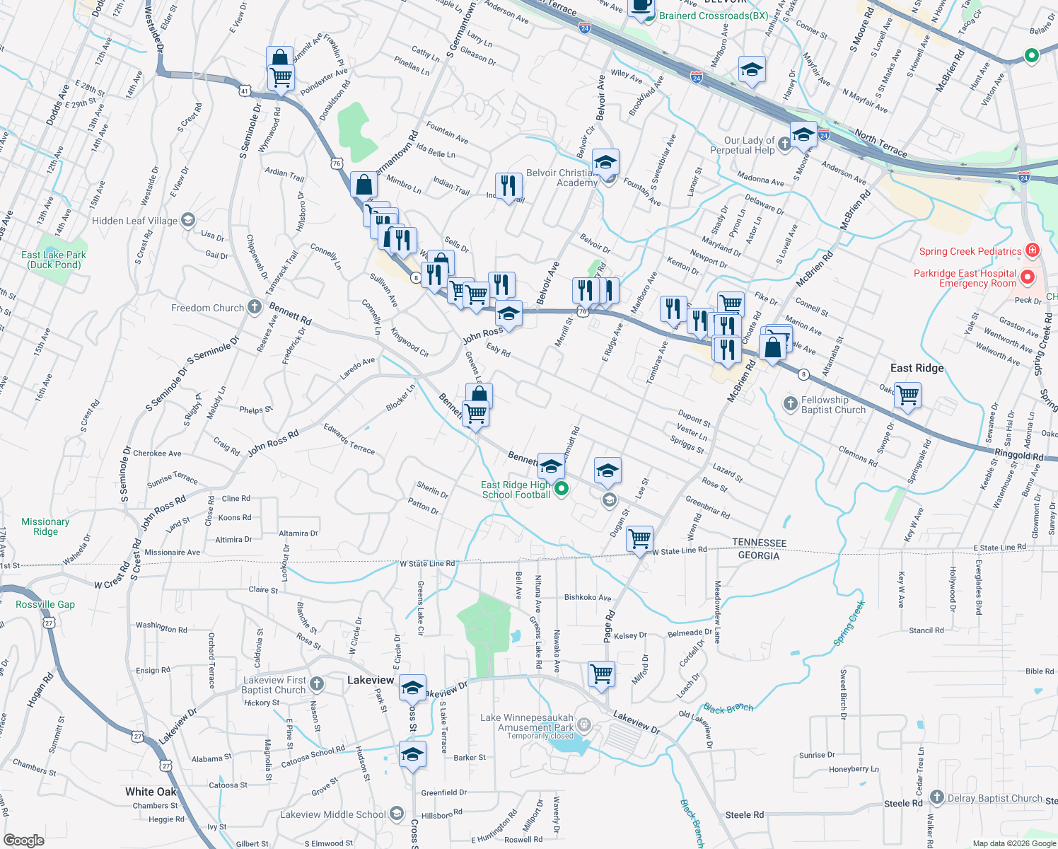 map of restaurants, bars, coffee shops, grocery stores, and more near 2007 Pioneer Ridge Trail in Chattanooga