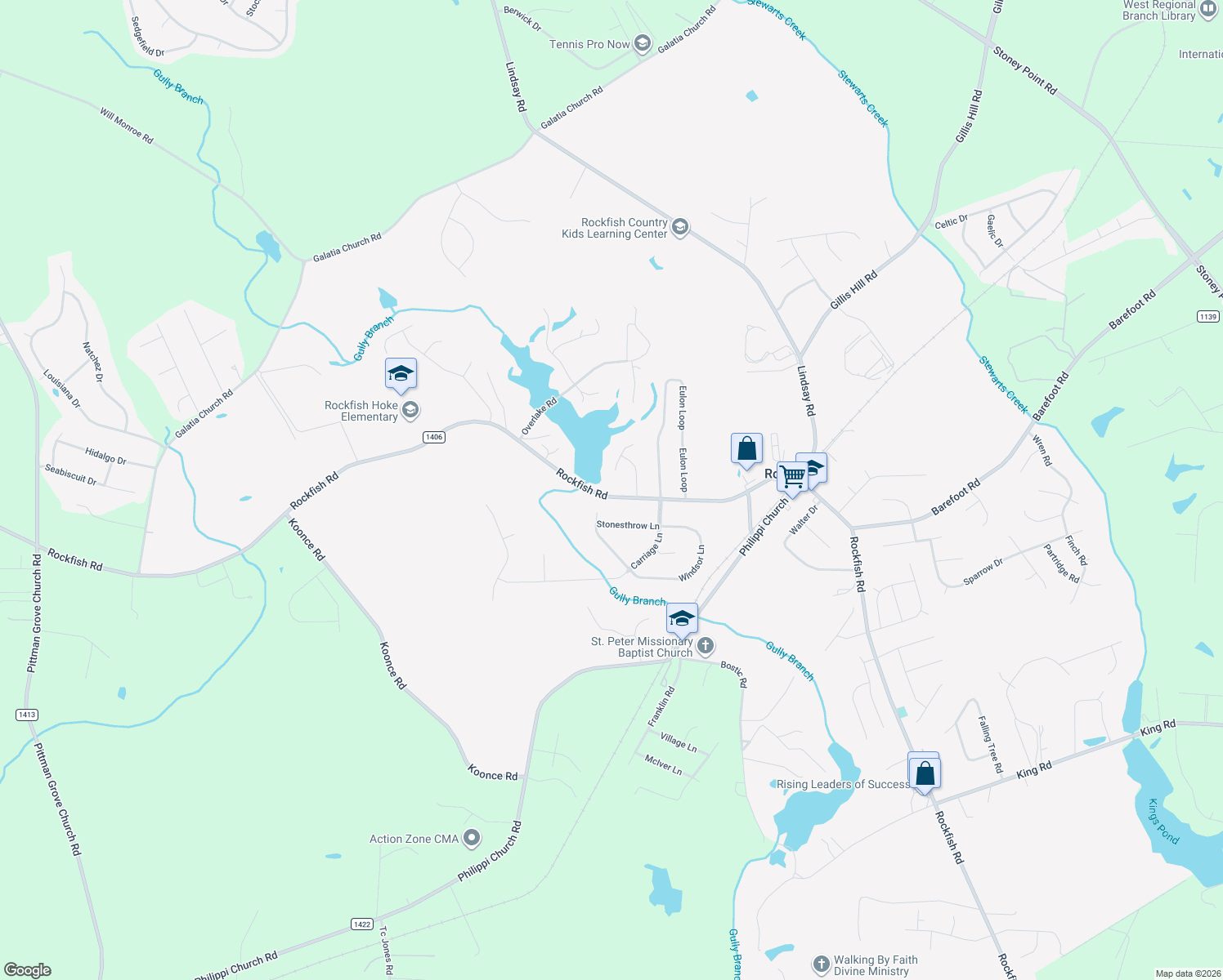 map of restaurants, bars, coffee shops, grocery stores, and more near 6917 Rockfish Road in Raeford