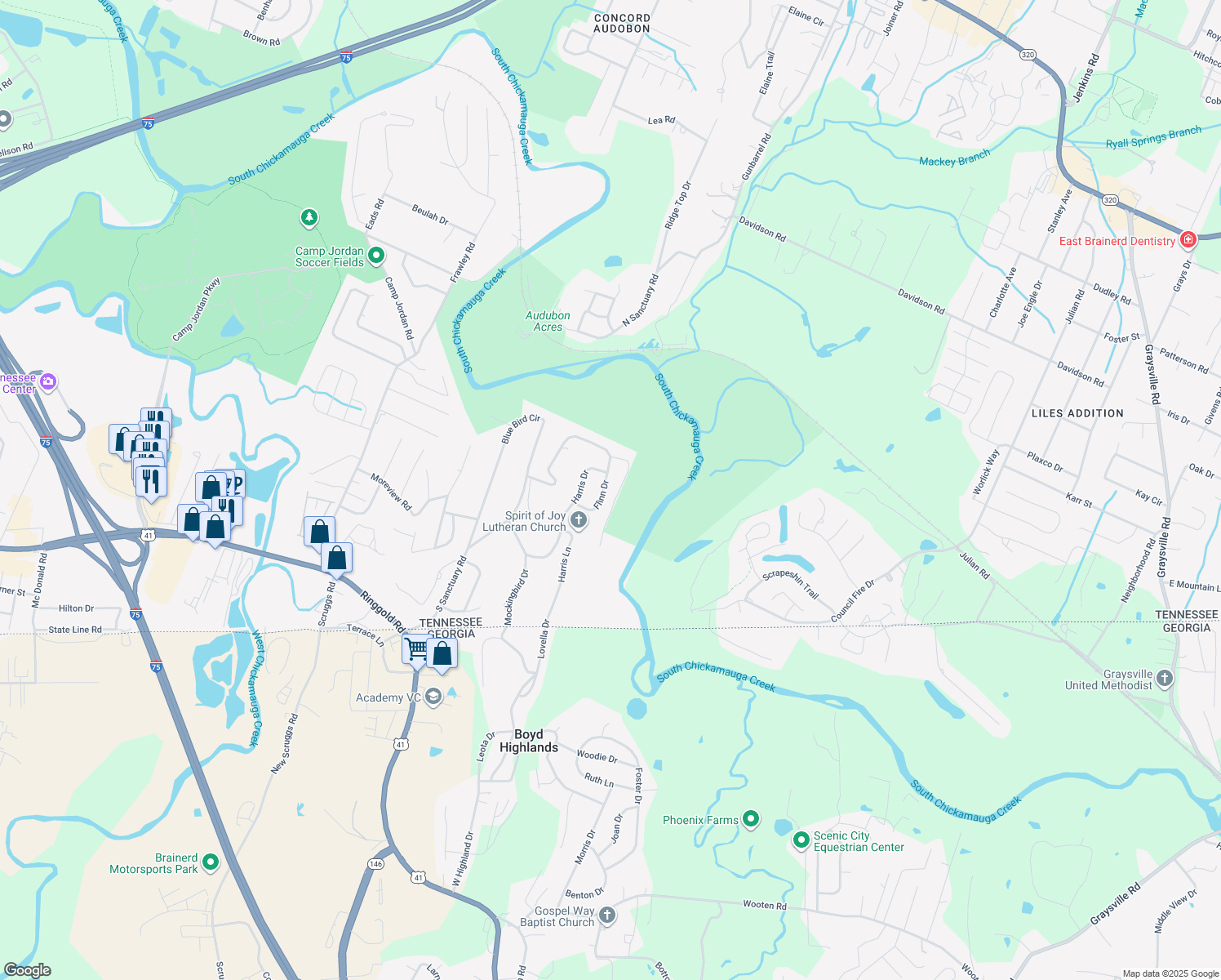 map of restaurants, bars, coffee shops, grocery stores, and more near 808 Flinn Drive in Chattanooga