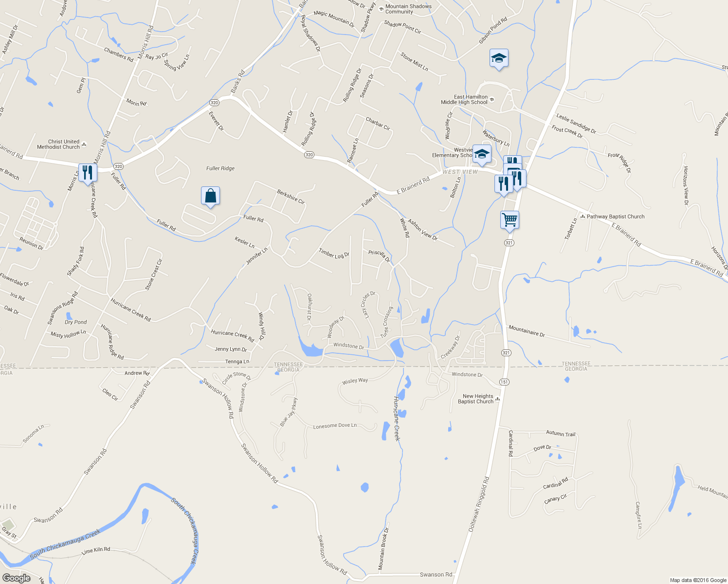 map of restaurants, bars, coffee shops, grocery stores, and more near 9447 Lazy Circles Drive in Ooltewah