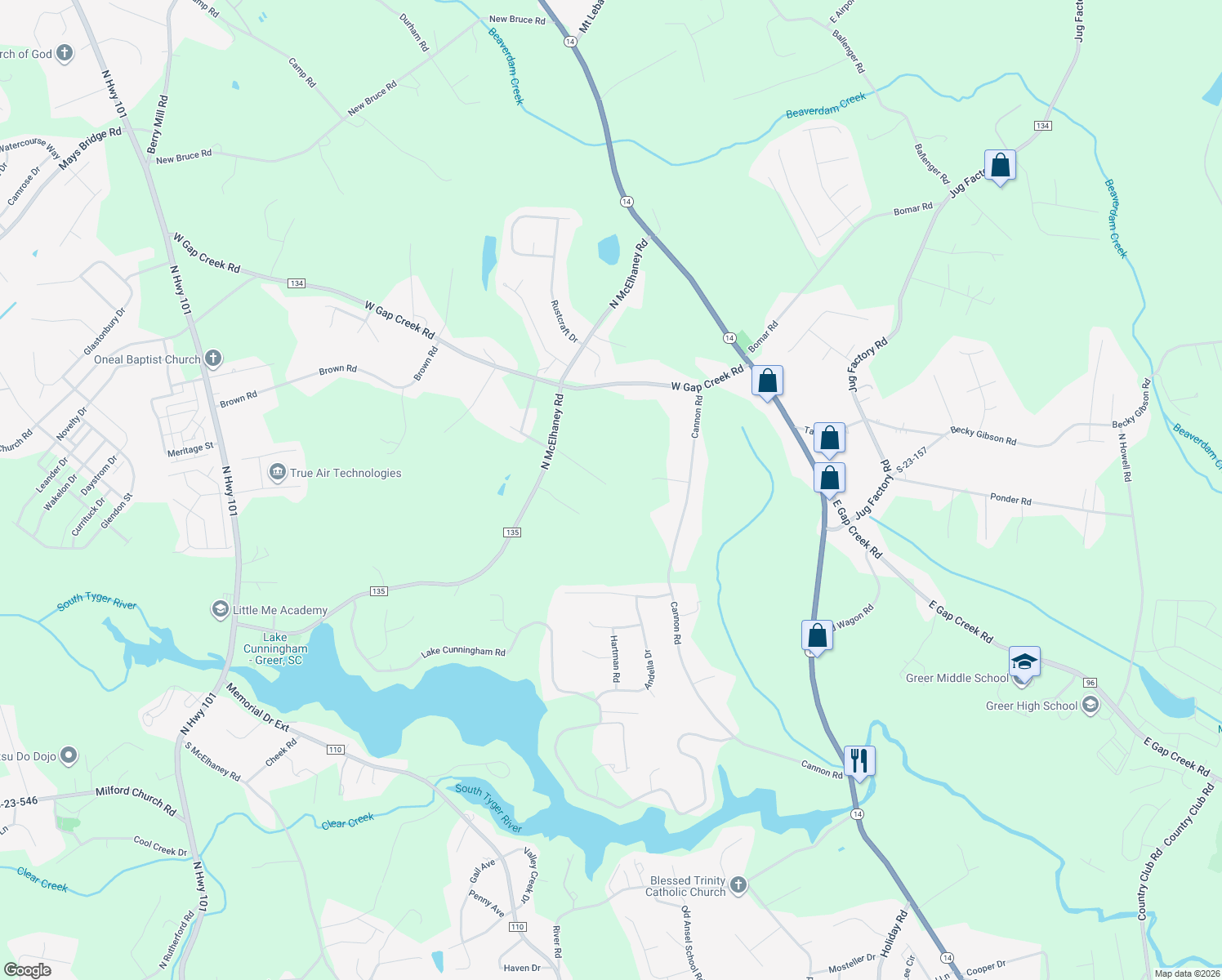 map of restaurants, bars, coffee shops, grocery stores, and more near 712 Greene Drive in Greer