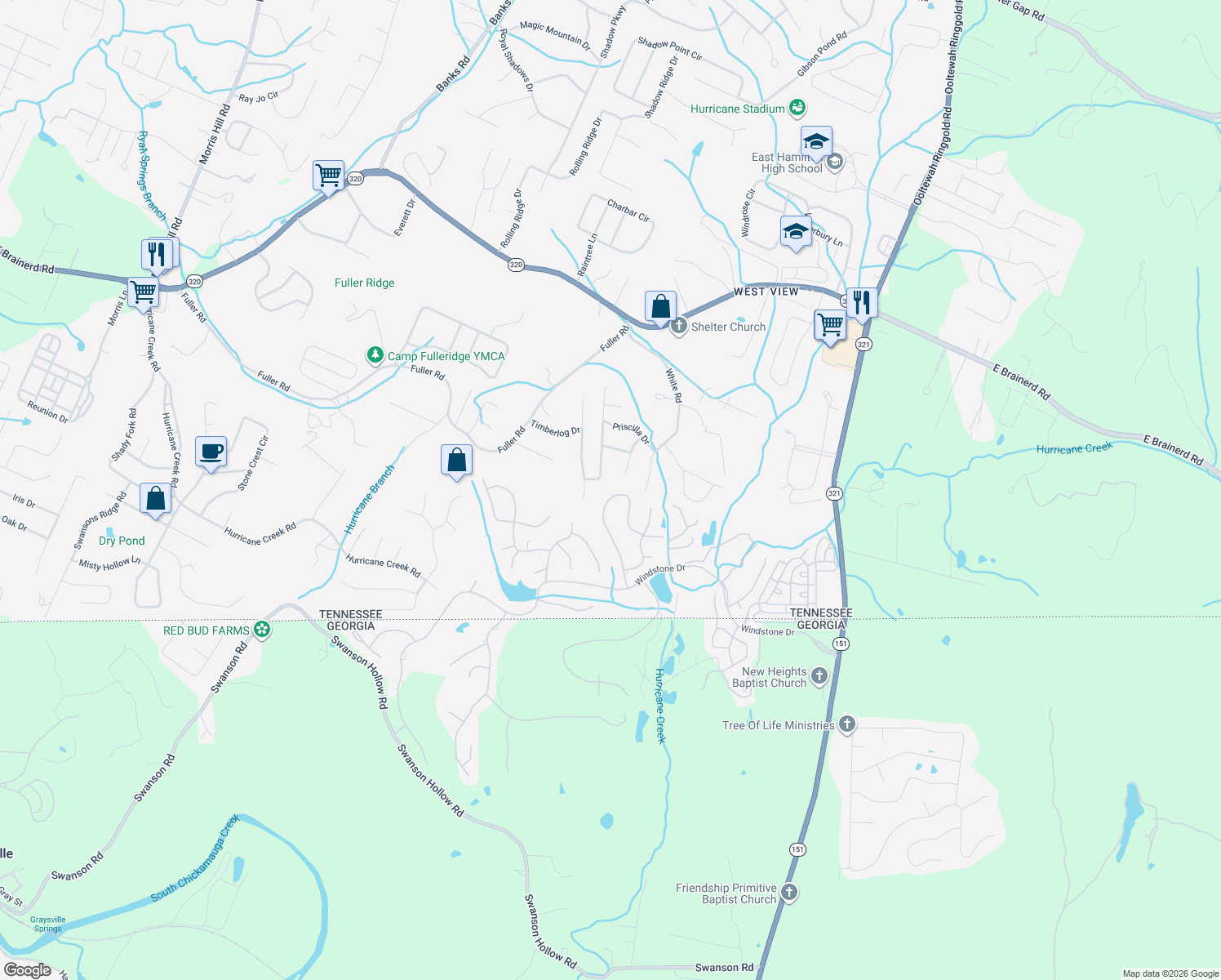 map of restaurants, bars, coffee shops, grocery stores, and more near 9449 Lazy Circles Drive in Ooltewah