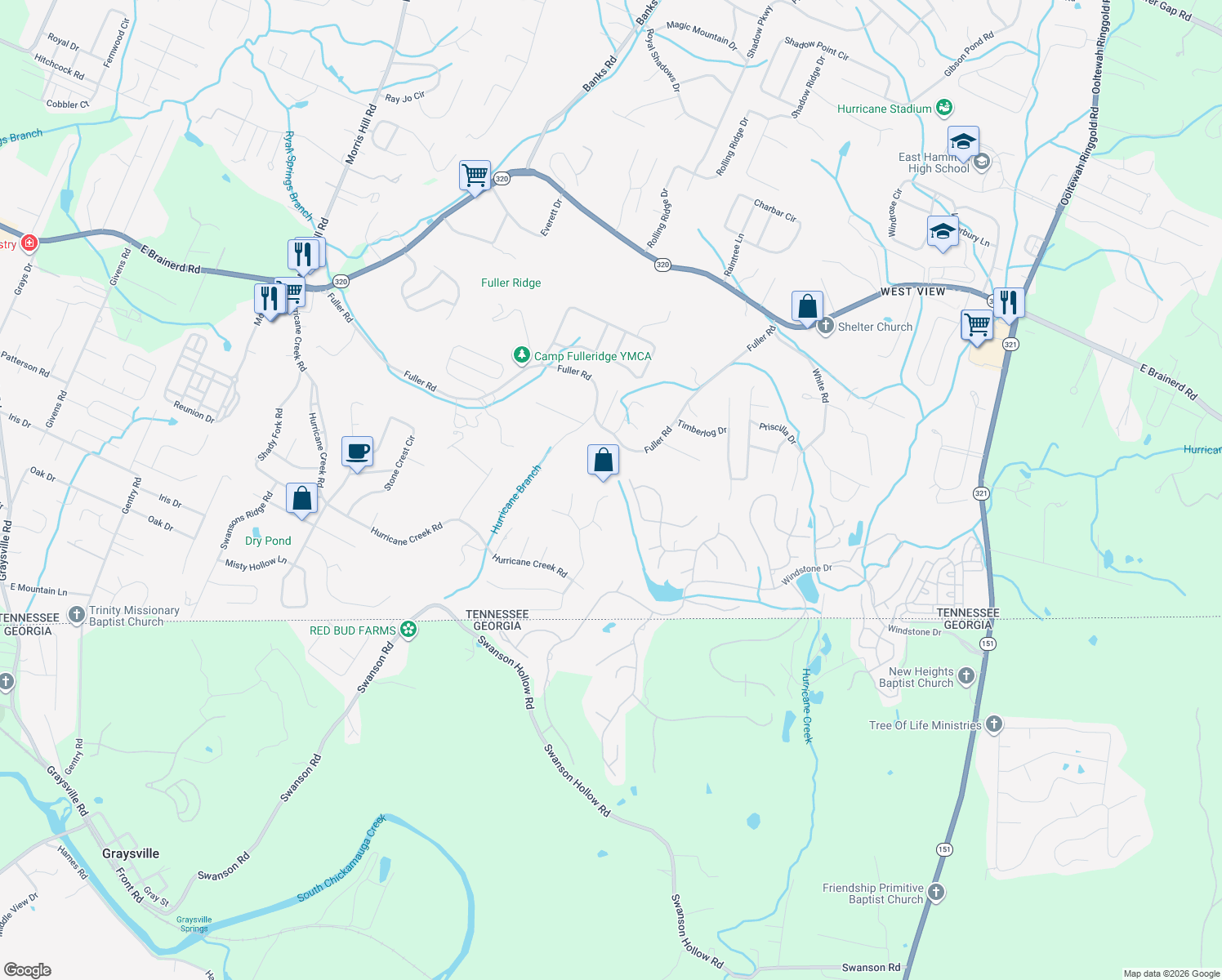 map of restaurants, bars, coffee shops, grocery stores, and more near 9471 Weather View Drive in Chattanooga