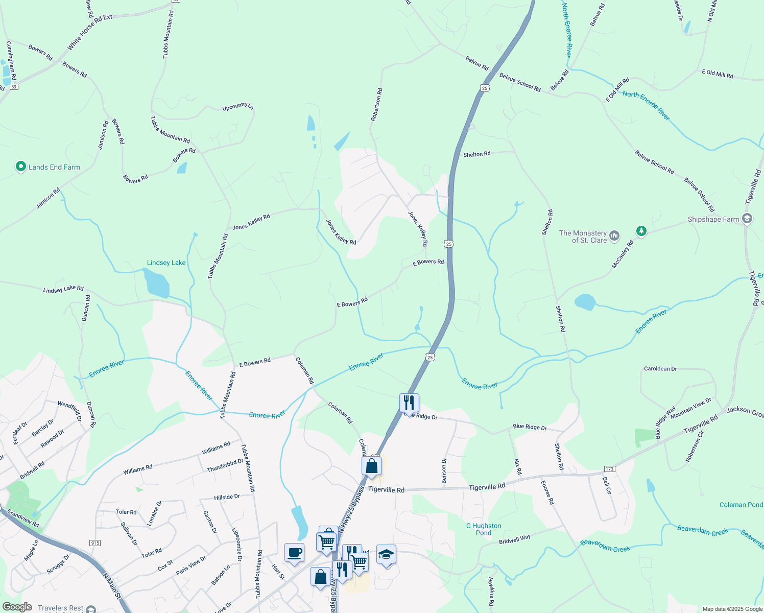 map of restaurants, bars, coffee shops, grocery stores, and more near 8 Sunset Ct in Travelers Rest