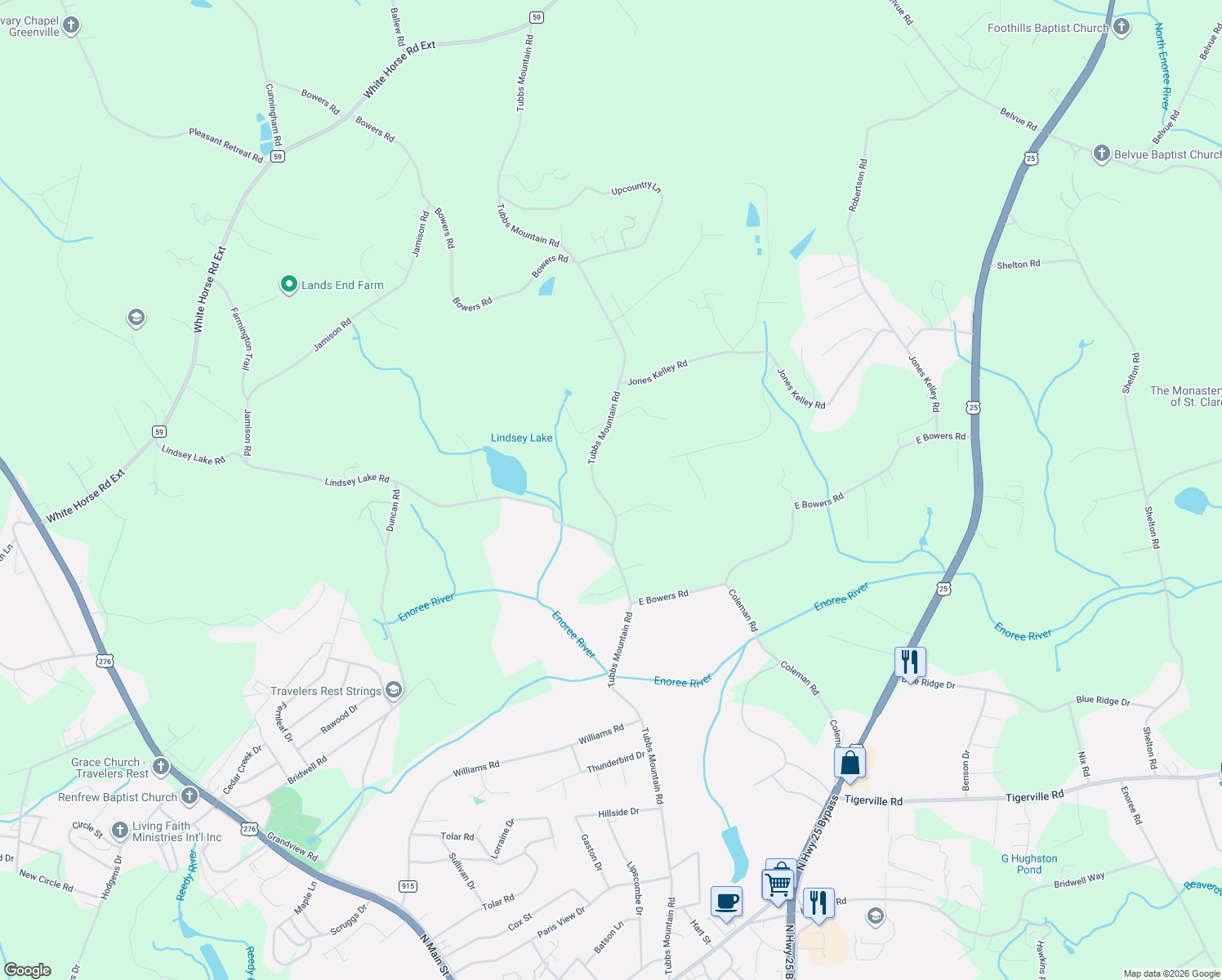 map of restaurants, bars, coffee shops, grocery stores, and more near 940 Tubbs Mountain Road in Travelers Rest