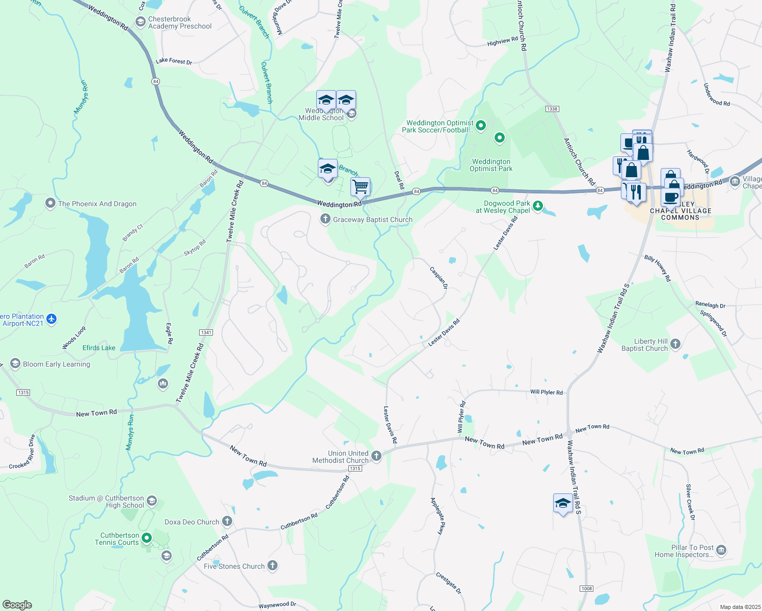 map of restaurants, bars, coffee shops, grocery stores, and more near 401 Deer Brush Ln in Waxhaw