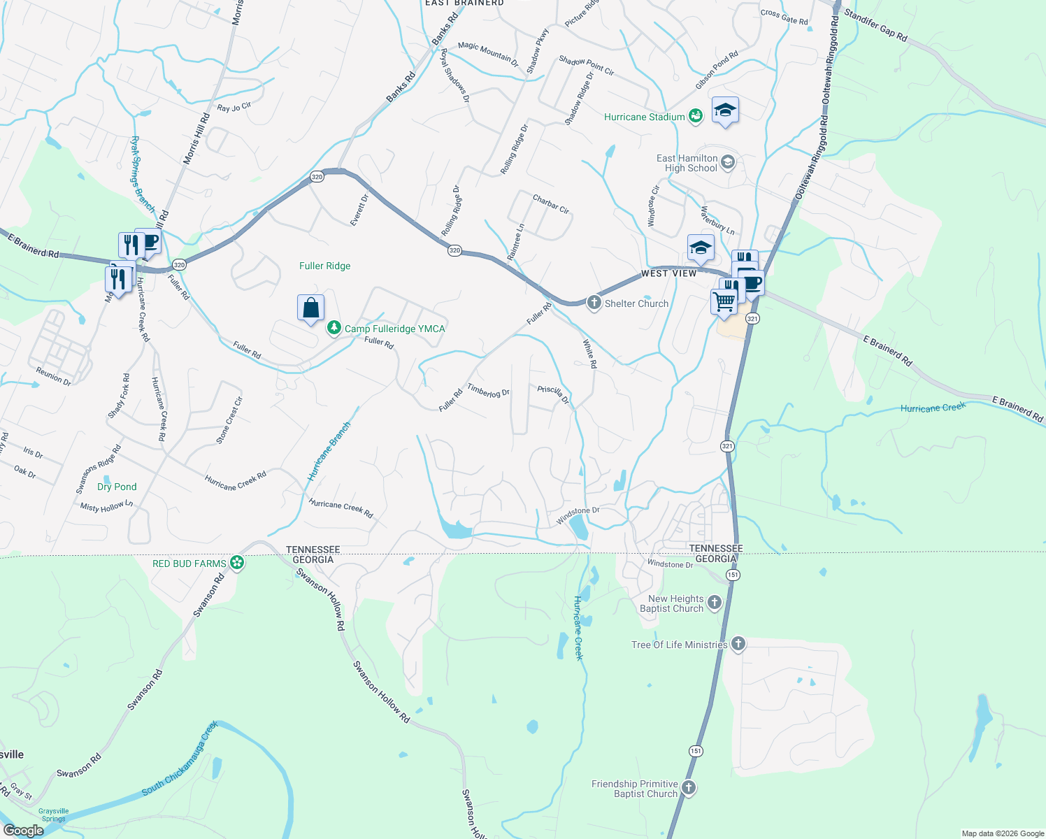 map of restaurants, bars, coffee shops, grocery stores, and more near 560 Elizabeth Crest Road in Chattanooga