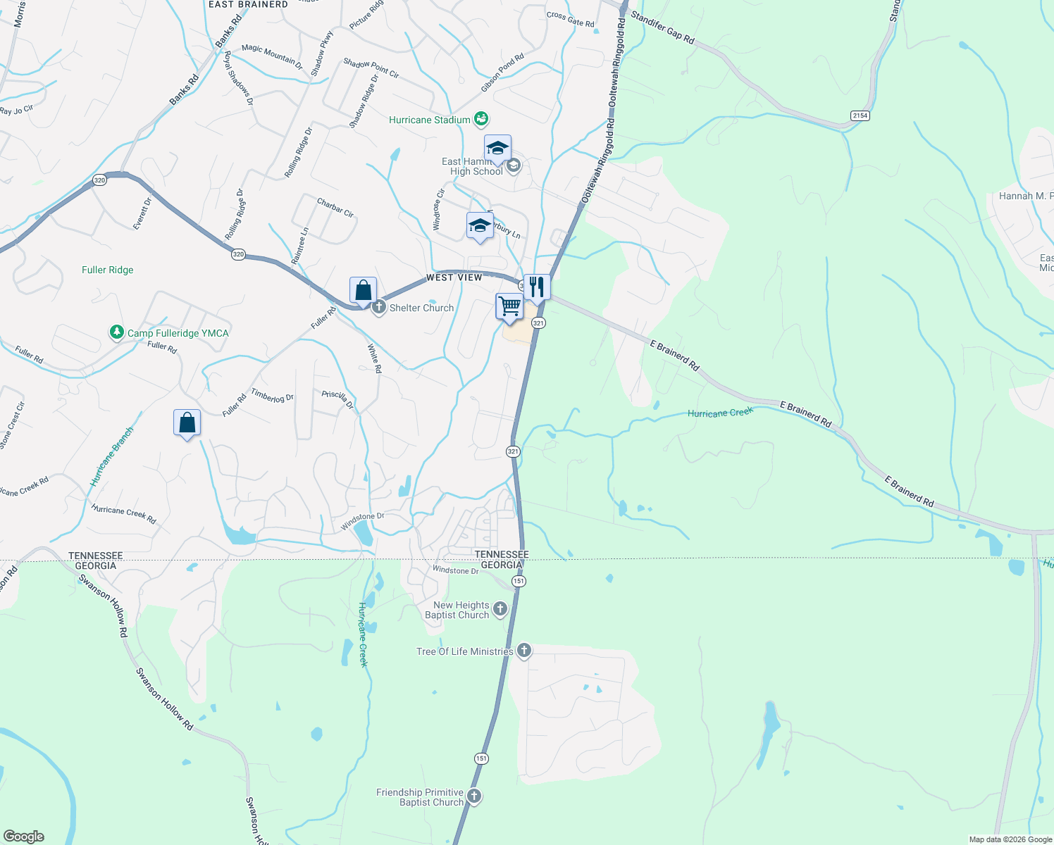map of restaurants, bars, coffee shops, grocery stores, and more near 1510 Ooltewah Ringgold Rd in Ooltewah