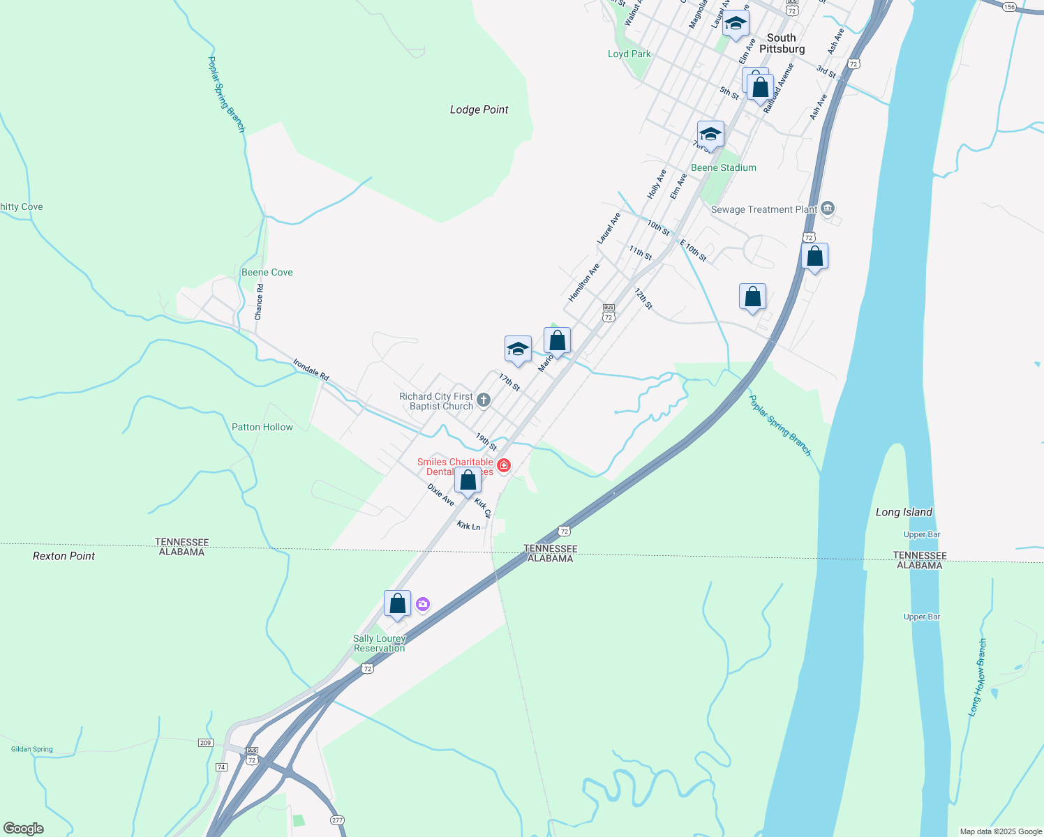 map of restaurants, bars, coffee shops, grocery stores, and more near 1736 S Cedar Ave in South Pittsburg