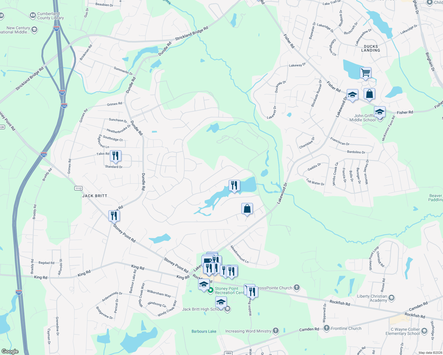 map of restaurants, bars, coffee shops, grocery stores, and more near 6846 Towbridge Road in Fayetteville