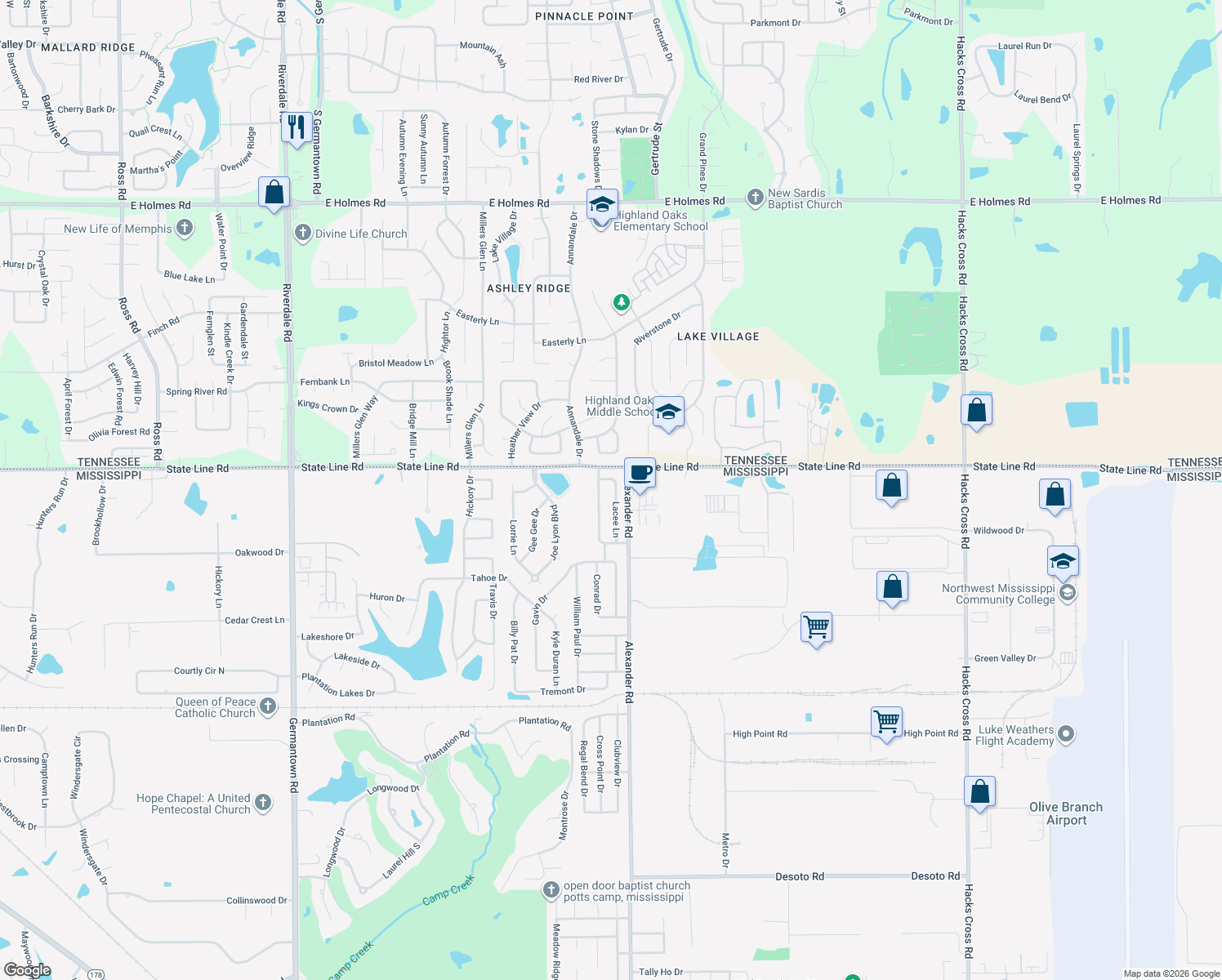 map of restaurants, bars, coffee shops, grocery stores, and more near 9435 Lacee Lane in Olive Branch