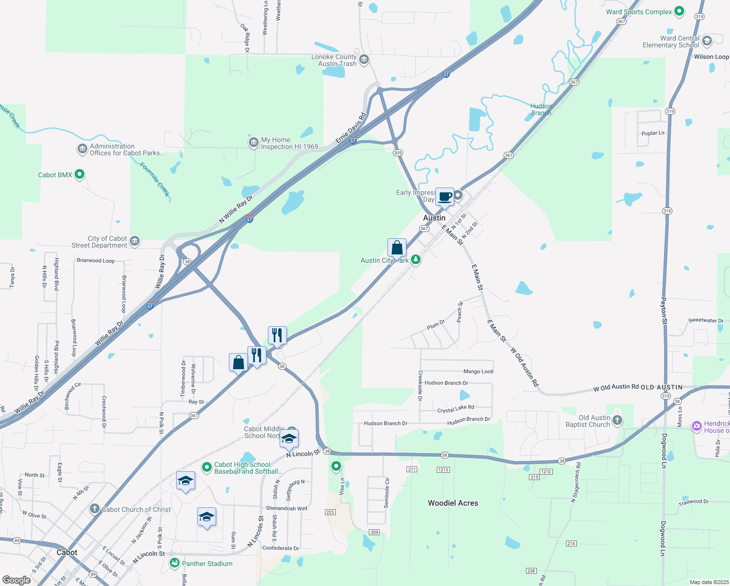 map of restaurants, bars, coffee shops, grocery stores, and more near 2890 Arkansas 367 in Austin