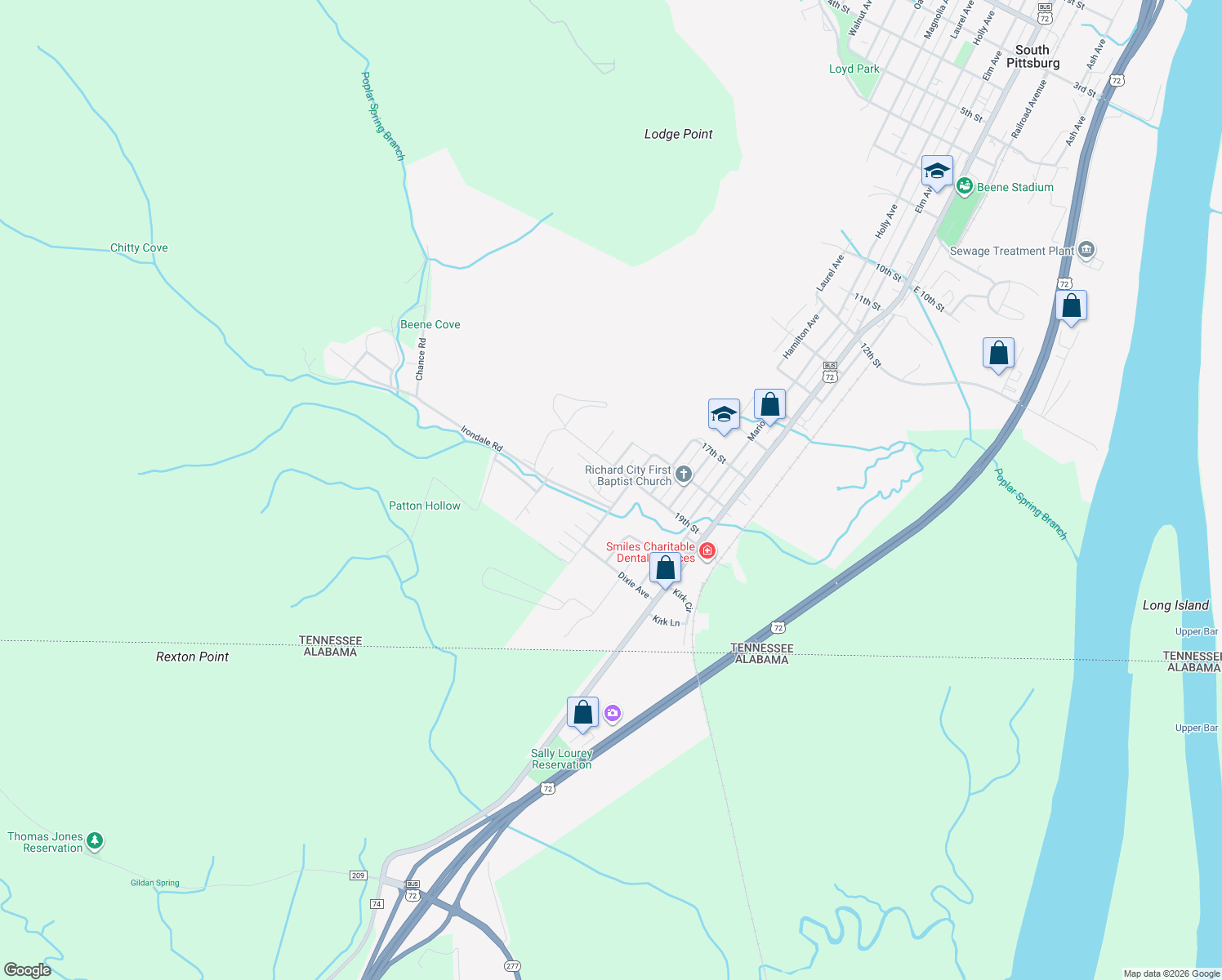 map of restaurants, bars, coffee shops, grocery stores, and more near 1910 Cumberland Ave in South Pittsburg