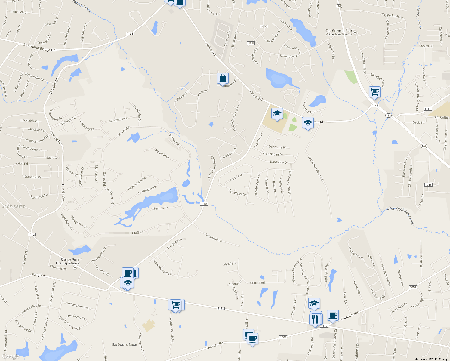 map of restaurants, bars, coffee shops, grocery stores, and more near 6494 Gaddis Drive in Fayetteville