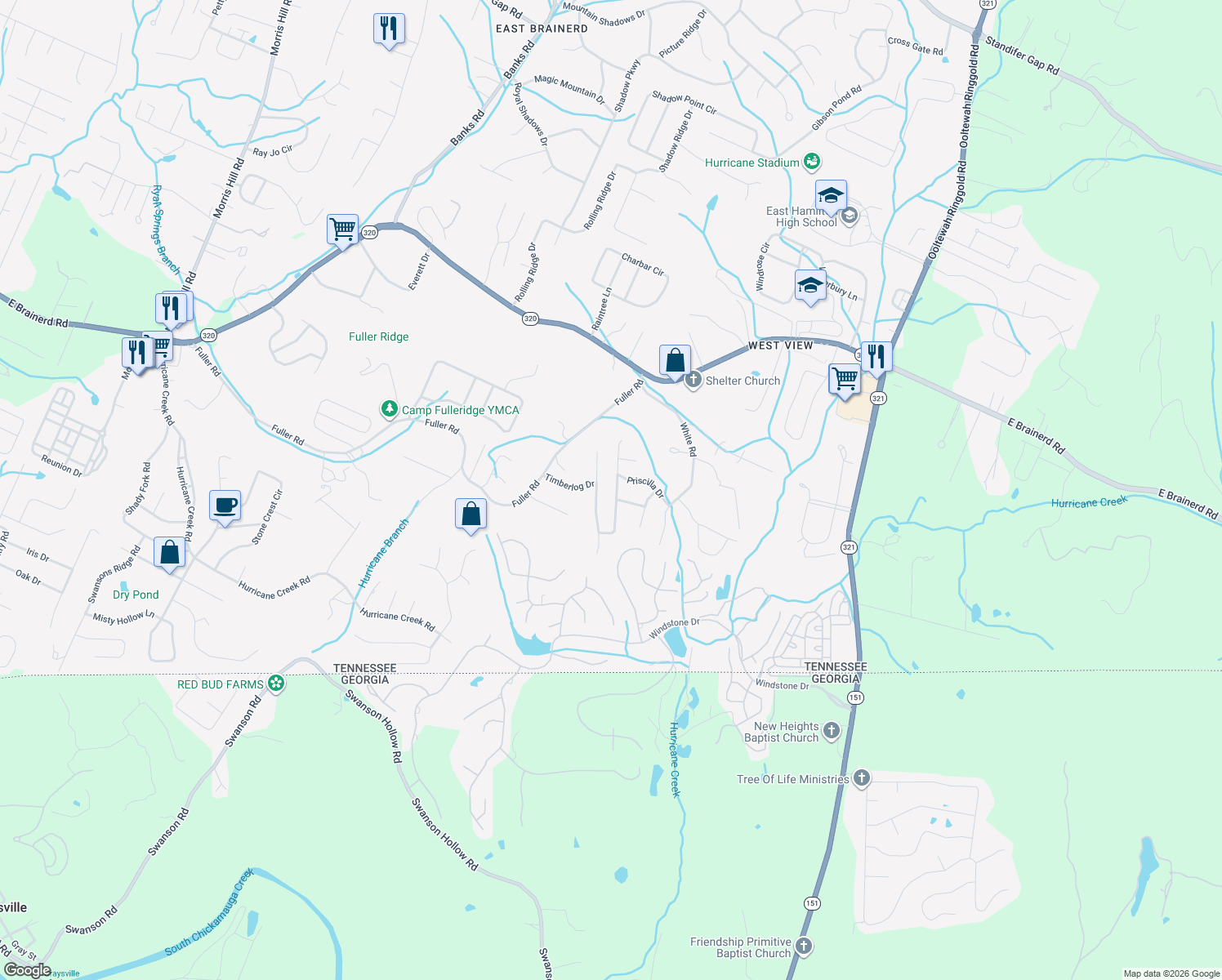 map of restaurants, bars, coffee shops, grocery stores, and more near 9577 Priscilla Drive in Chattanooga