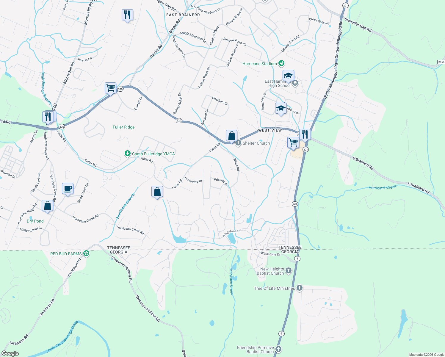 map of restaurants, bars, coffee shops, grocery stores, and more near 9587 Priscilla Drive in Chattanooga