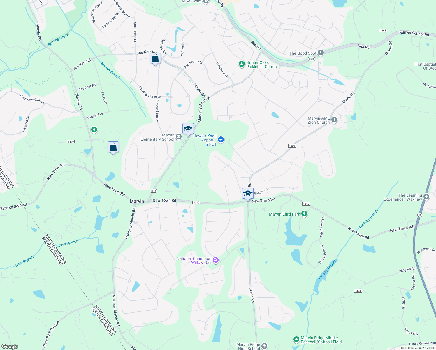 map of restaurants, bars, coffee shops, grocery stores, and more near 2116 Gallant Fox Court in Waxhaw
