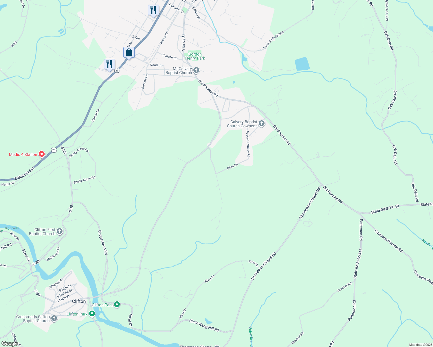 map of restaurants, bars, coffee shops, grocery stores, and more near 130 Giles Road in Spartanburg