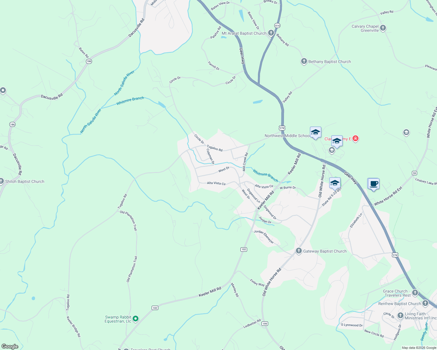 map of restaurants, bars, coffee shops, grocery stores, and more near 245 West Drive in Travelers Rest