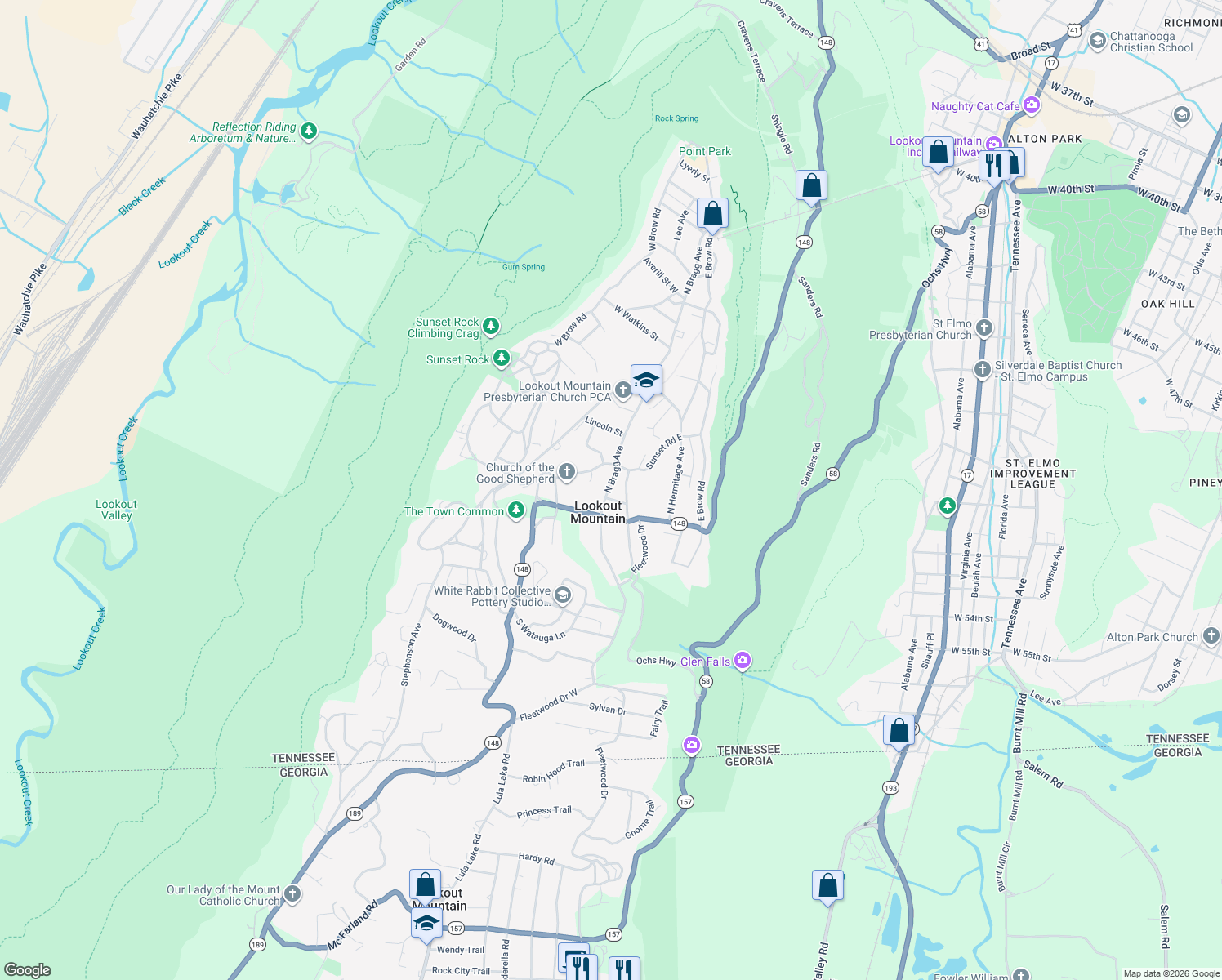 map of restaurants, bars, coffee shops, grocery stores, and more near 115 North Bragg Avenue in Lookout Mountain