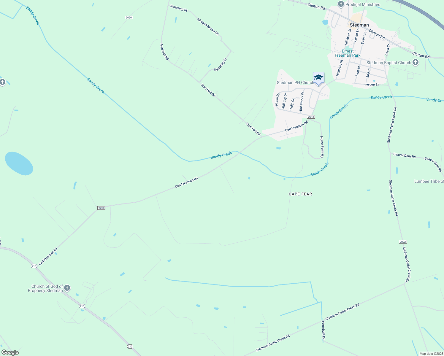 map of restaurants, bars, coffee shops, grocery stores, and more near 1121 Carl Freeman Road in Stedman