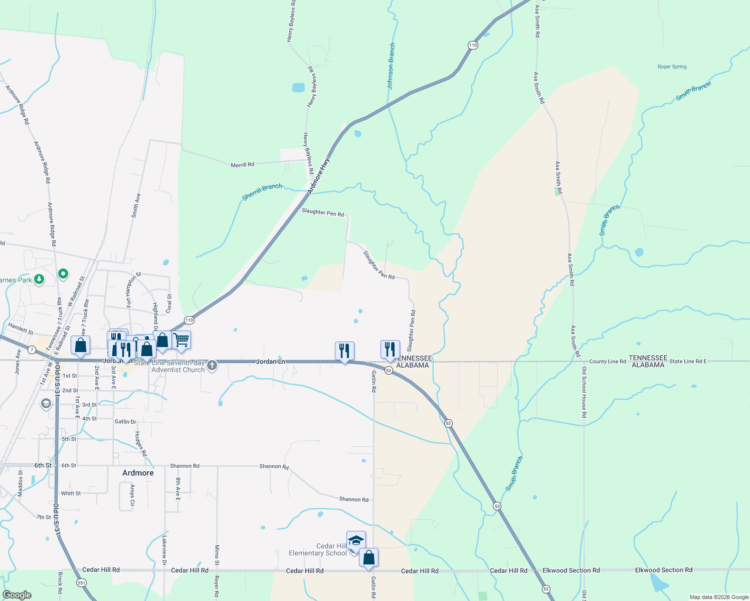 map of restaurants, bars, coffee shops, grocery stores, and more near 81 Slaughter Pen Road in Ardmore