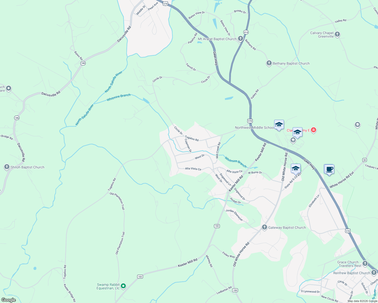map of restaurants, bars, coffee shops, grocery stores, and more near 111 Coleman Drive in Travelers Rest
