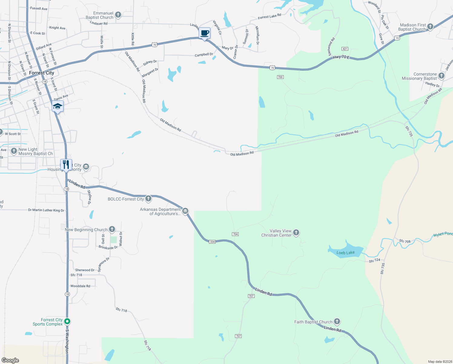 map of restaurants, bars, coffee shops, grocery stores, and more near 3572 State Highway 334 in Forrest City