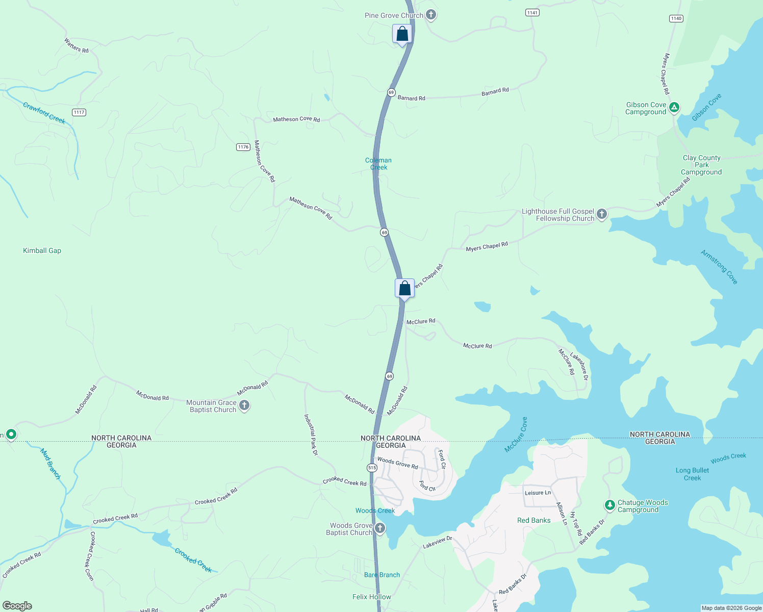 map of restaurants, bars, coffee shops, grocery stores, and more near 2 Windy Ridge Terrace in Hayesville