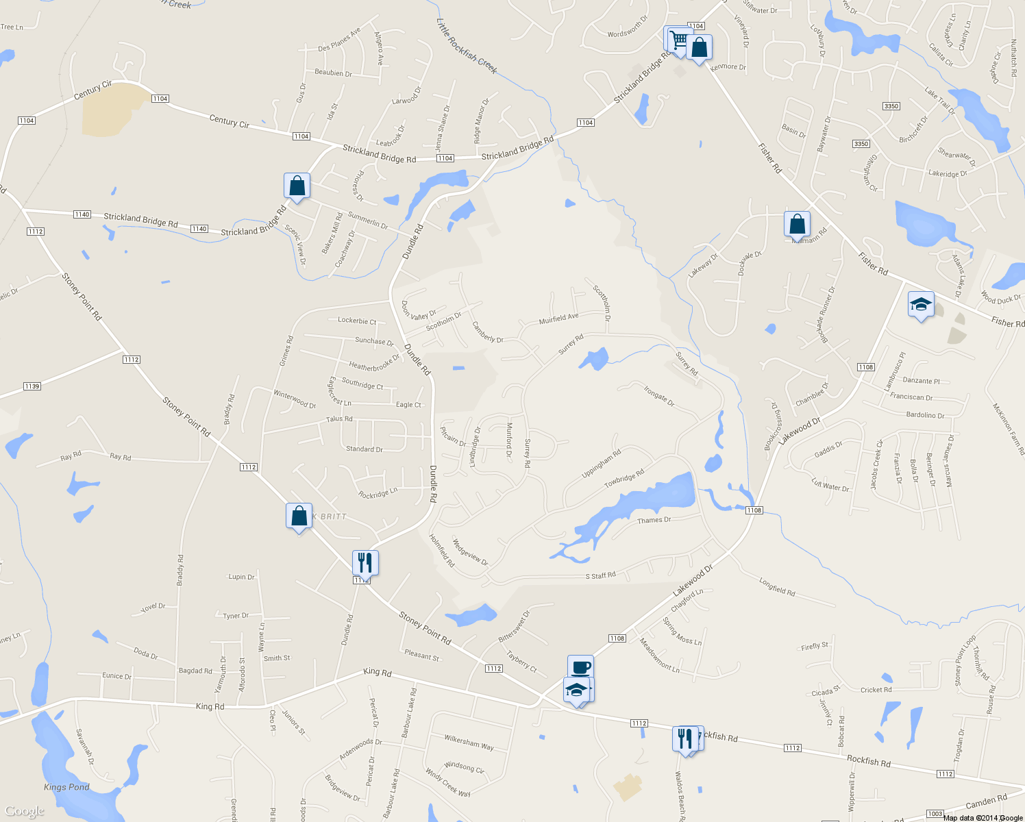 map of restaurants, bars, coffee shops, grocery stores, and more near 2904 Lindbridge Drive in Fayetteville