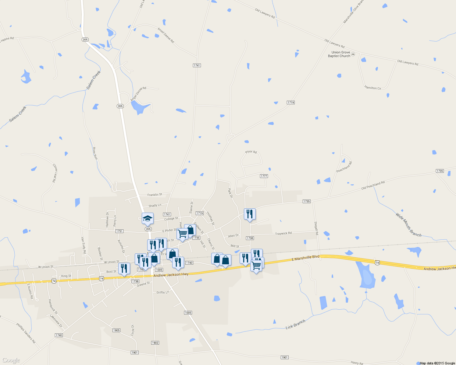 map of restaurants, bars, coffee shops, grocery stores, and more near 820 Park Drive in Marshville